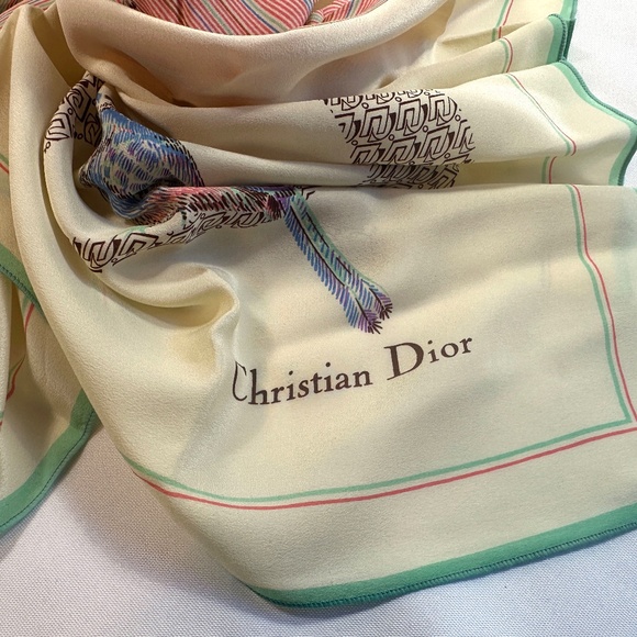 Vintage Christian Dior Silk Scarf Ivory Stripes and Birds Monogram - Picture 3 of 12